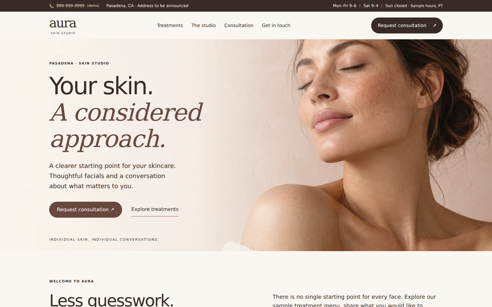 Aura Skin Studio landing page with an editorial skin portrait, treatment links, and a consultation inquiry
