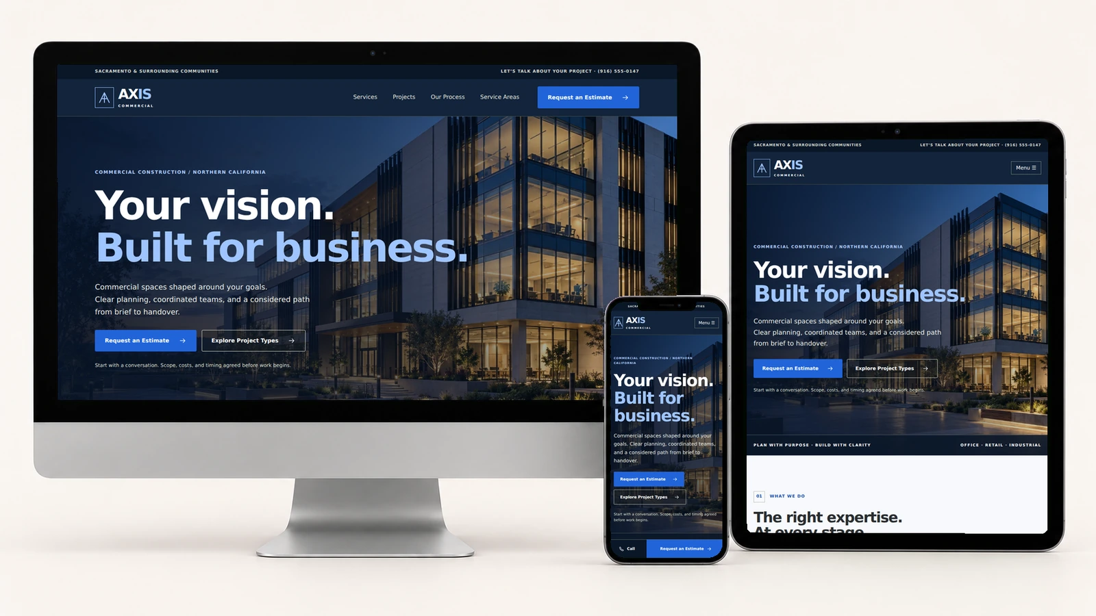 Actual Axis Commercial screenshots displayed on a realistic desktop monitor, tablet, and smartphone