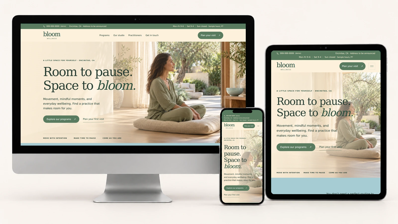Bloom Wellness on a silver desktop, portrait tablet, and phone, with actual responsive page screenshots