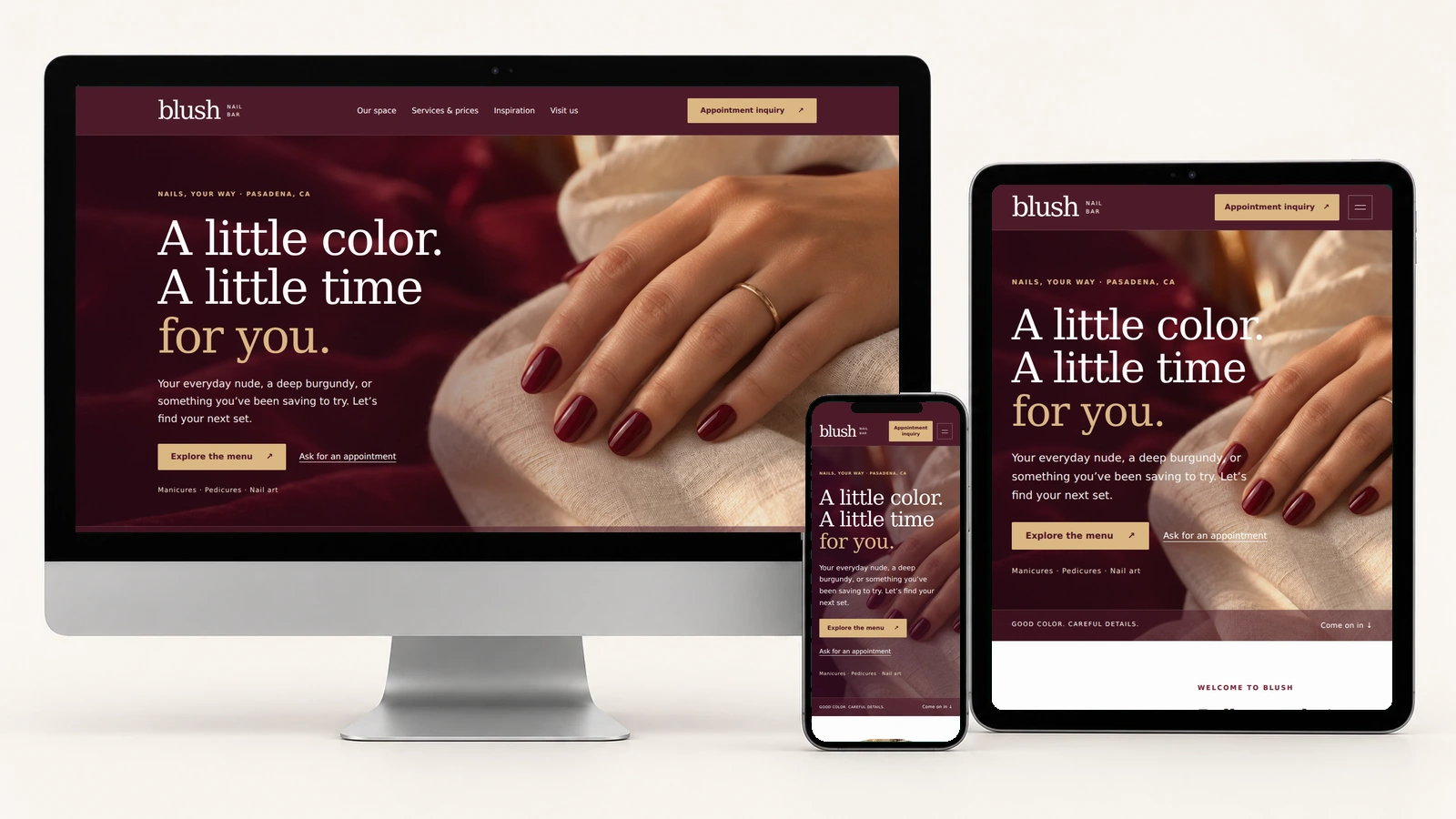 Blush Nail Bar on a silver desktop, portrait tablet, and phone, with actual responsive page screenshots