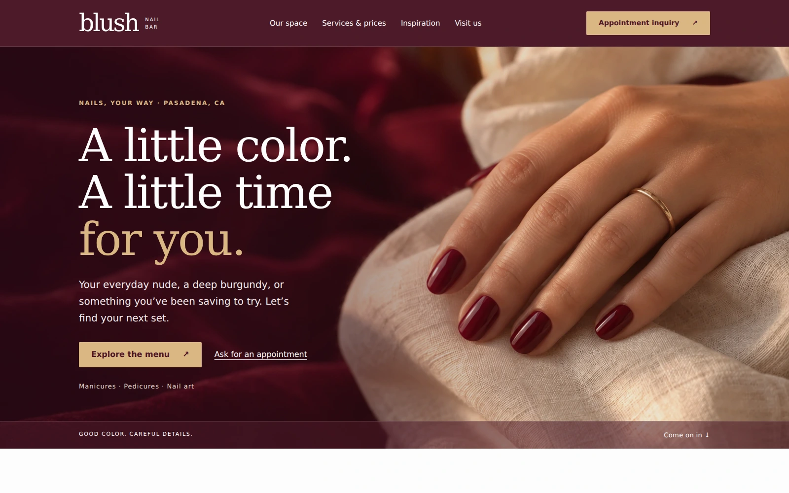 Blush Nail Bar burgundy-and-cream landing page with a manicure photograph, service-menu link, and appointment inquiry
