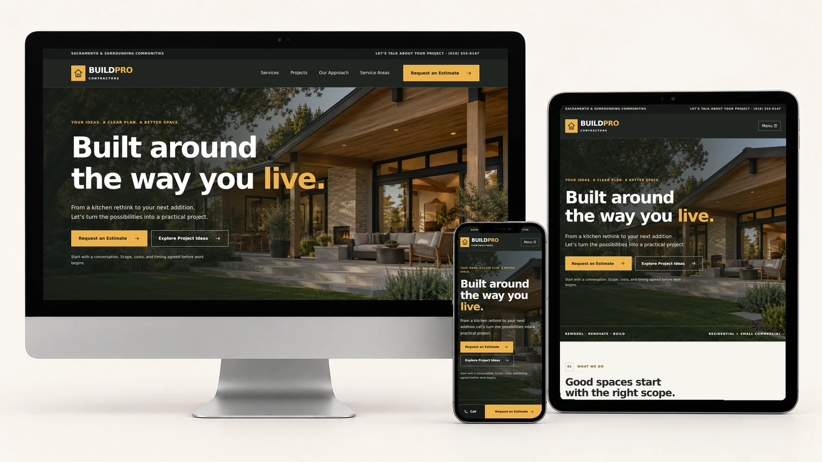 BuildPro Contractors website shown on a realistic desktop monitor, tablet, and smartphone