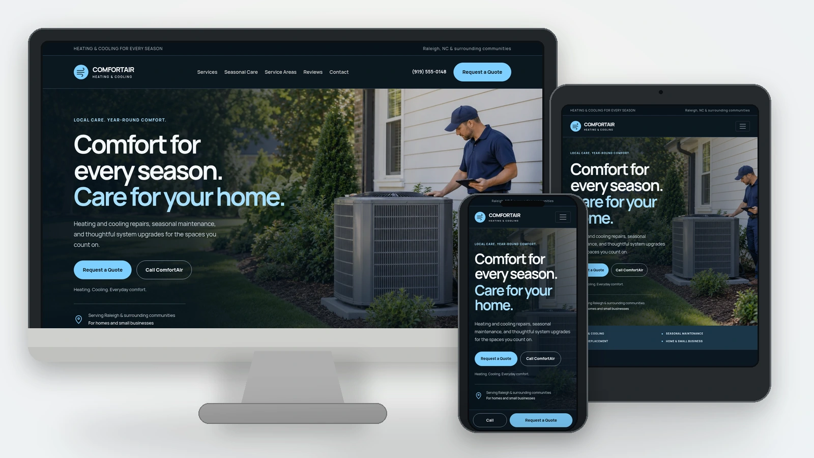 ComfortAir HVAC website shown on a desktop monitor, tablet, and smartphone