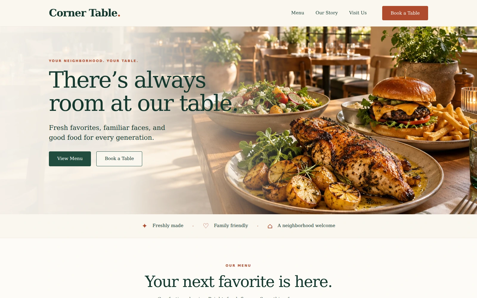 Corner Table casual-dining landing page with a sunlit food hero, ivory background, forest-green typography and terracotta accents