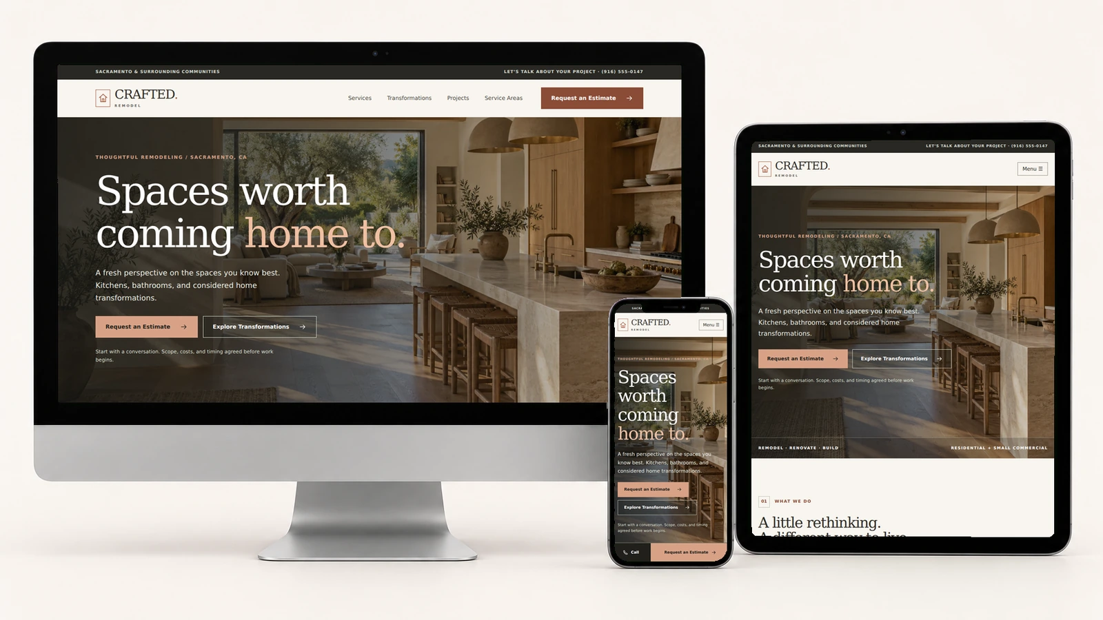 Actual Crafted Remodel screenshots displayed on a realistic desktop monitor, tablet, and smartphone