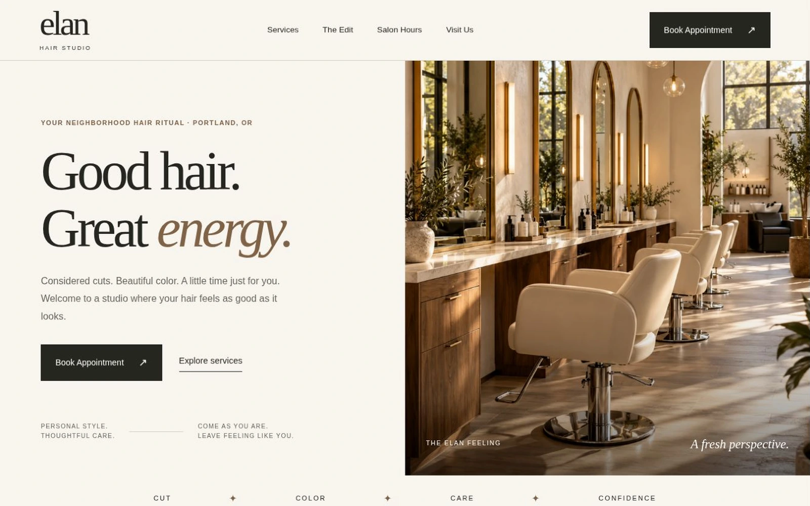 Élan Hair Studio landing page template preview