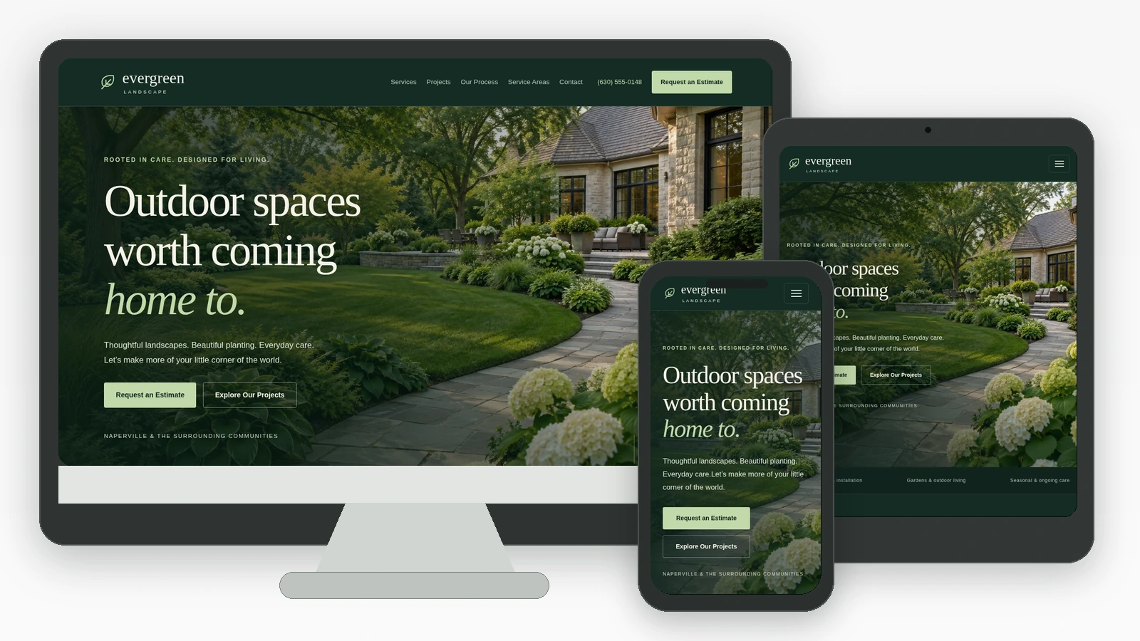 Evergreen Landscape website shown on a desktop monitor, tablet, and smartphone