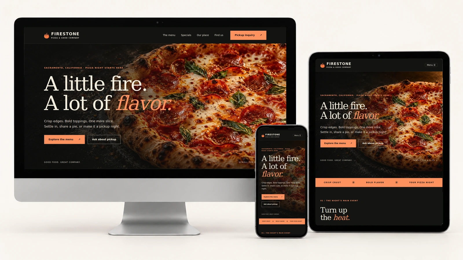 Actual Firestone Pizza page displayed on a realistic desktop monitor, portrait tablet, and phone