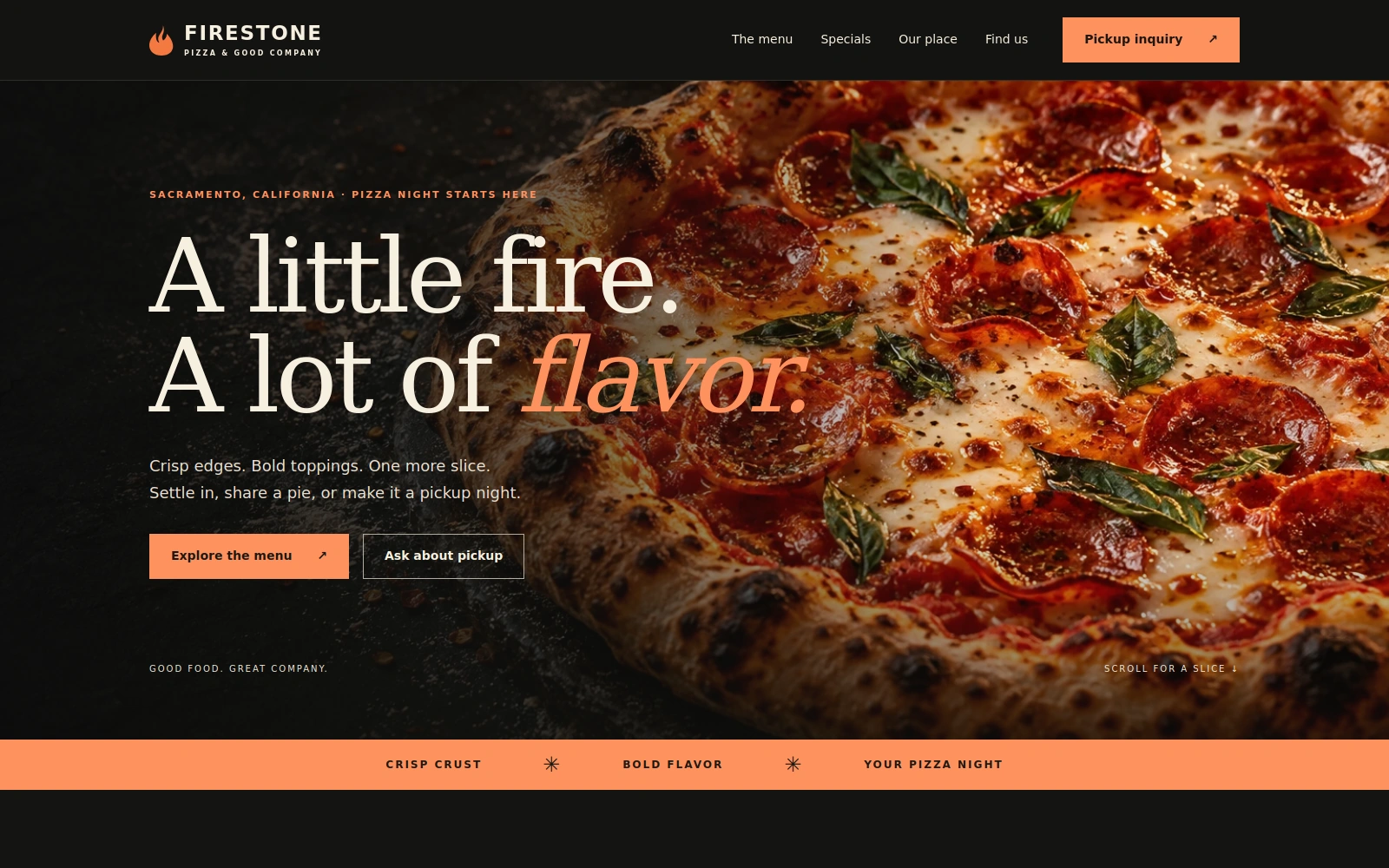 Firestone Pizza pizza shop landing page with dark styling, bold typography, and menu and pickup inquiry links
