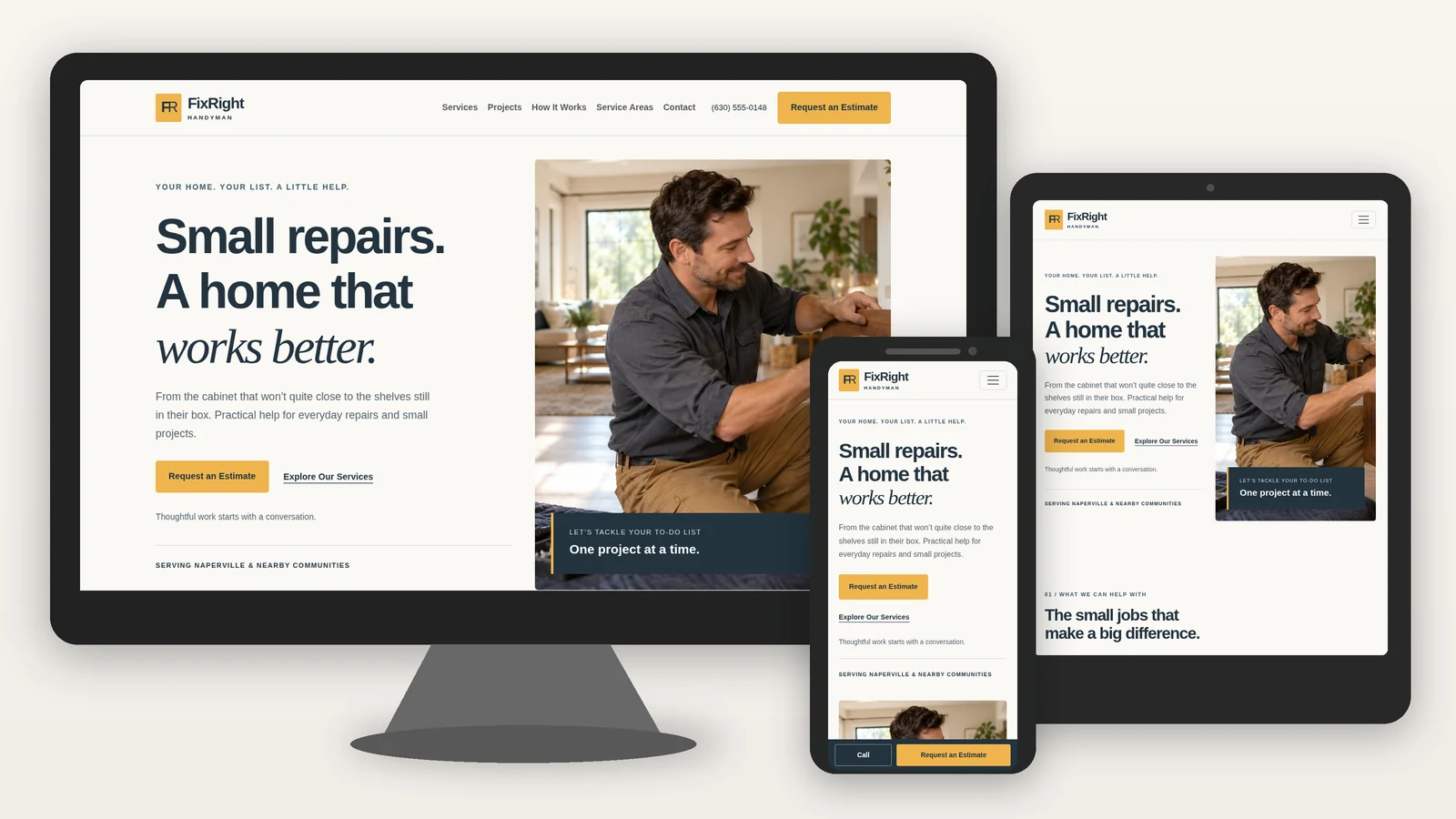 FixRight Handyman website shown on a desktop monitor, tablet, and smartphone