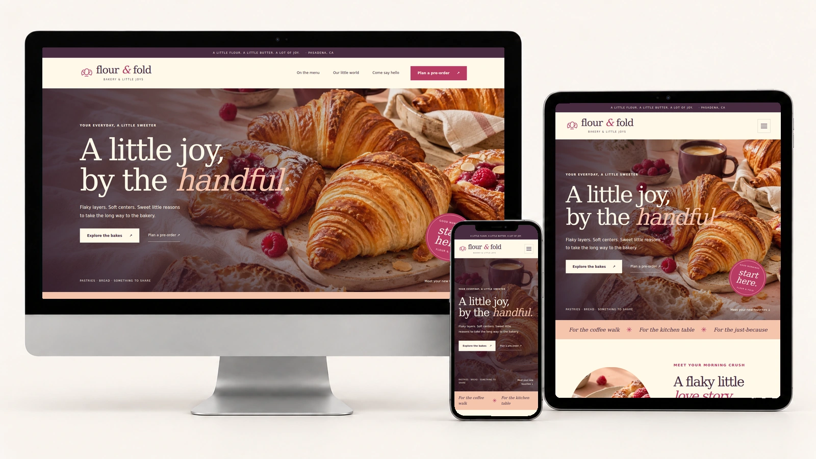 Actual Flour & Fold page displayed on a realistic desktop monitor, portrait tablet, and phone