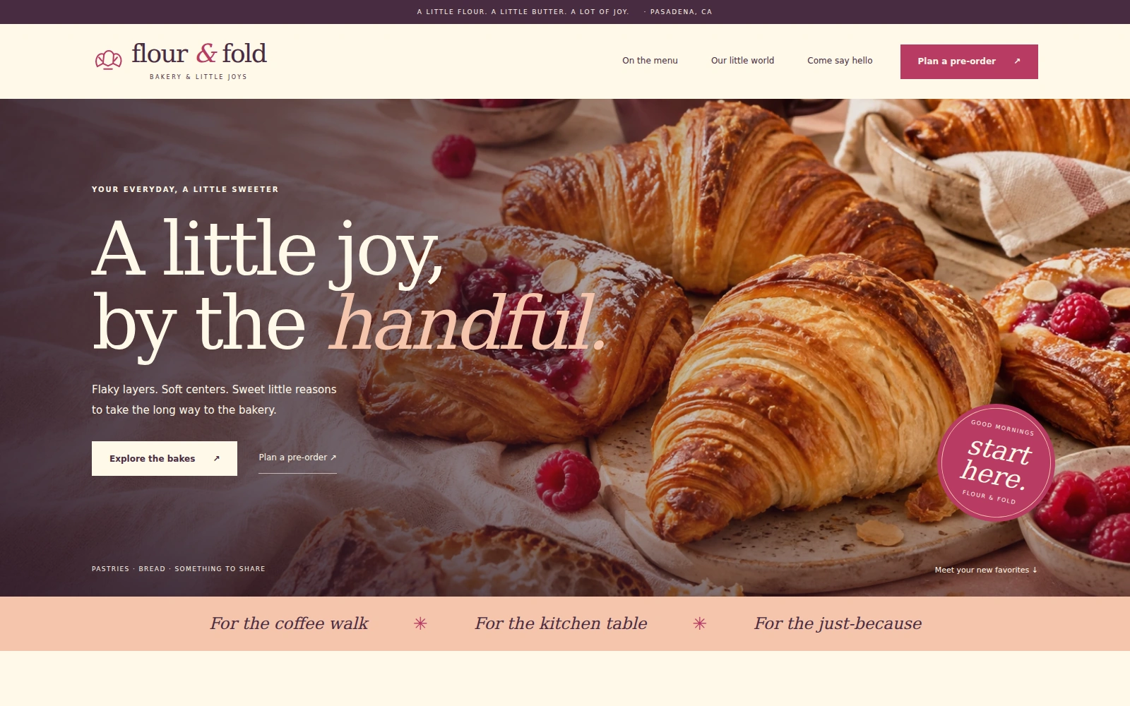 Flour & Fold bakery landing page with a pastry photograph, playful typography, and menu and pre-order links