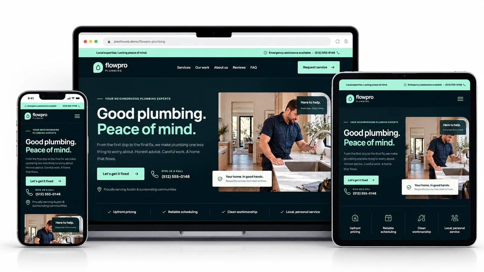 FlowPro Plumbing responsive template shown on desktop, tablet, and mobile devices