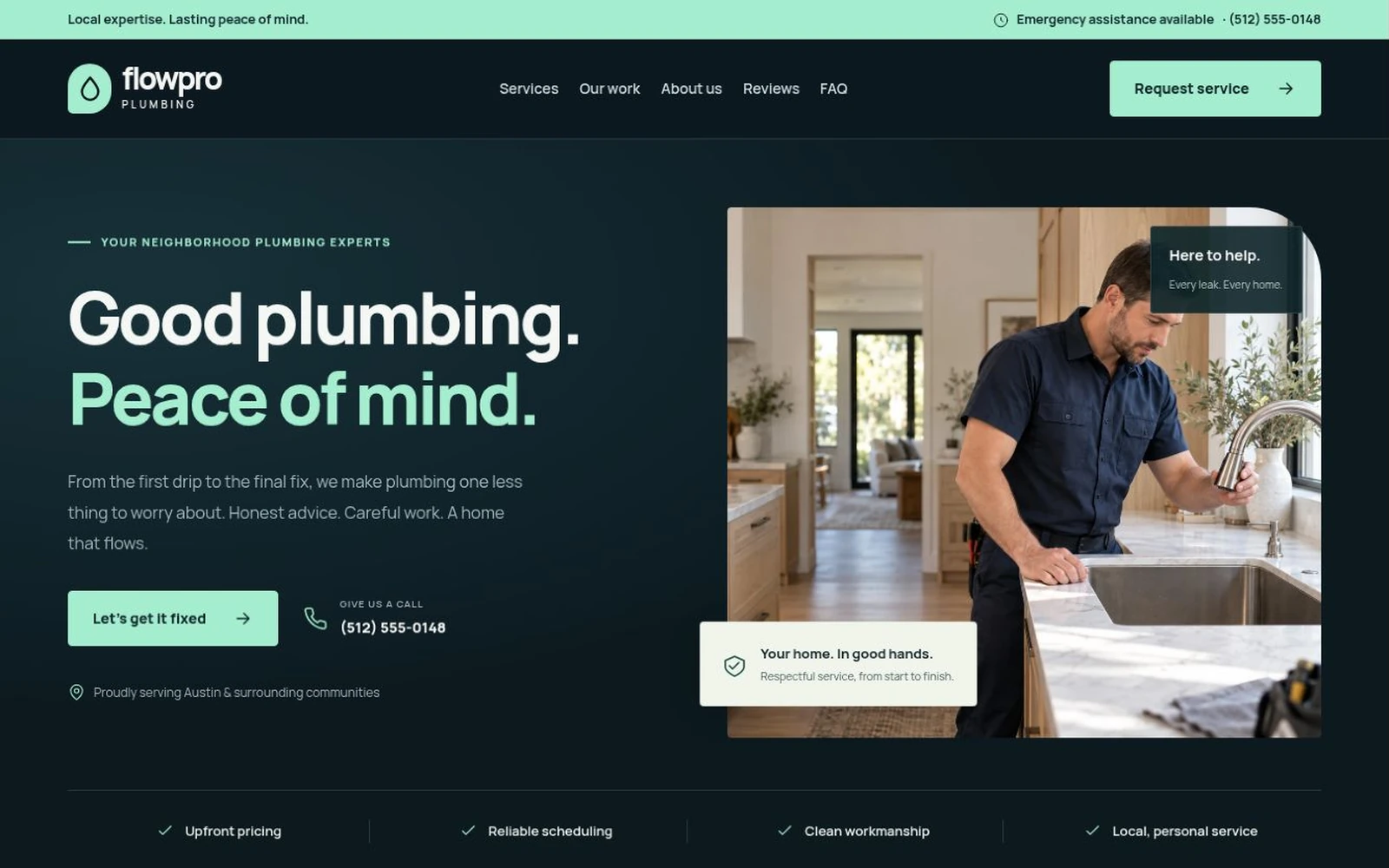 Plumber repairing bathroom plumbing for the FlowPro Plumbing template