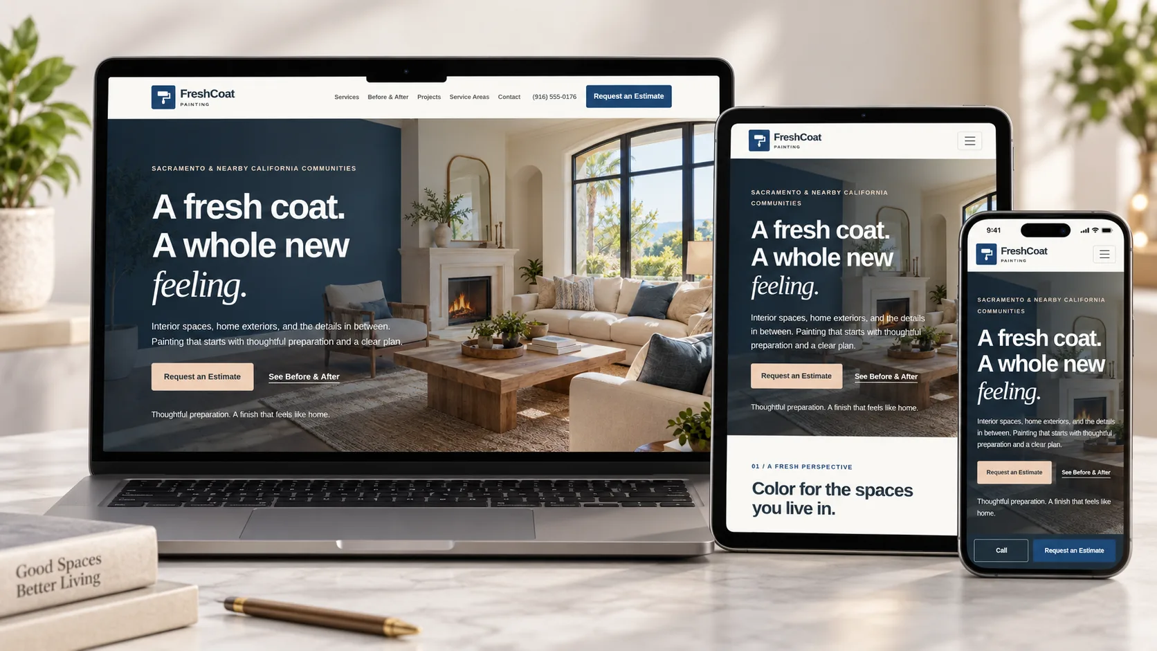 FreshCoat Painting shown on realistic desktop, iPad-style tablet, and smartphone devices using actual responsive page renders