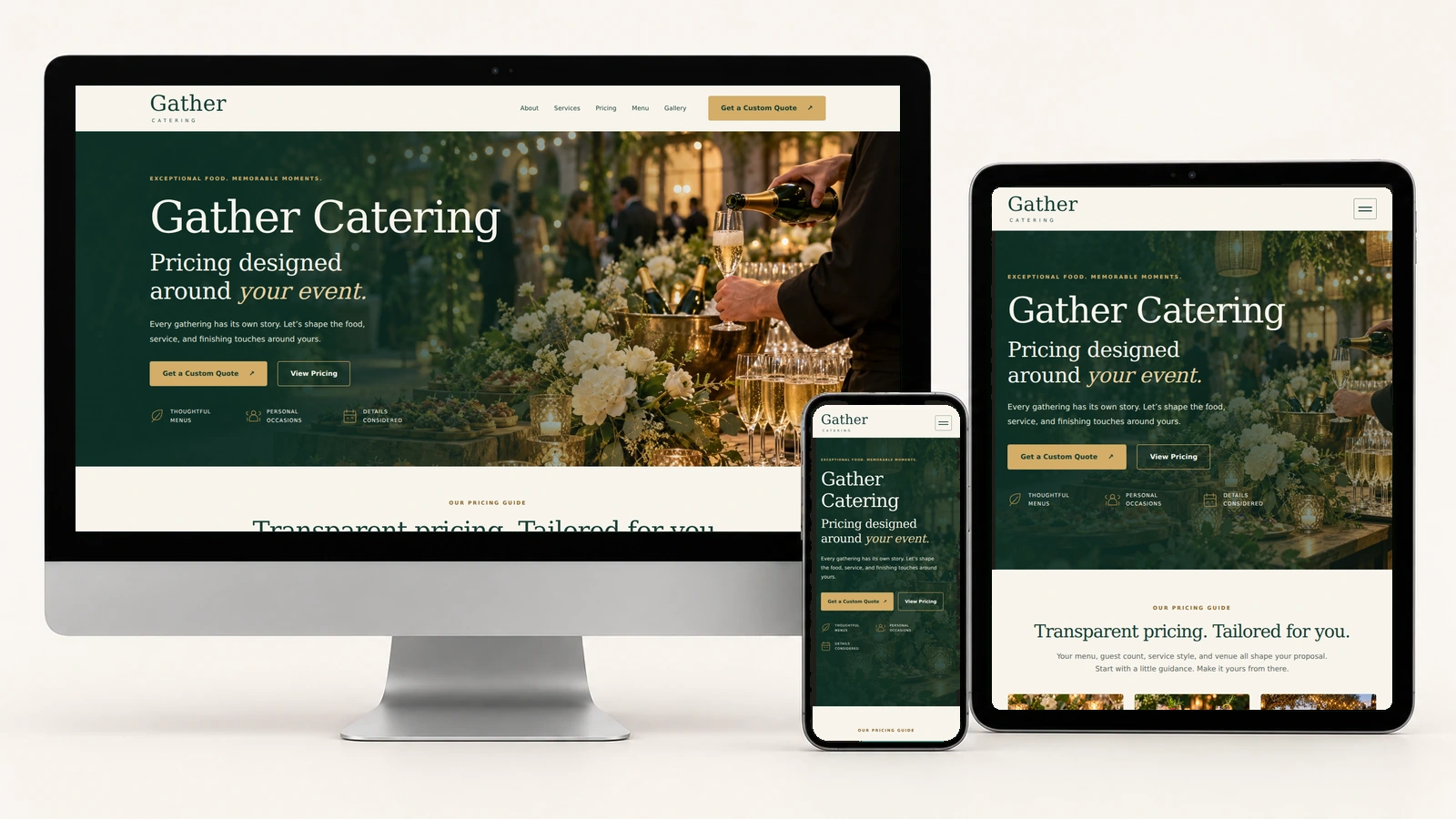 Gather Catering displayed on a realistic desktop monitor, portrait tablet, and phone using actual responsive screenshots
