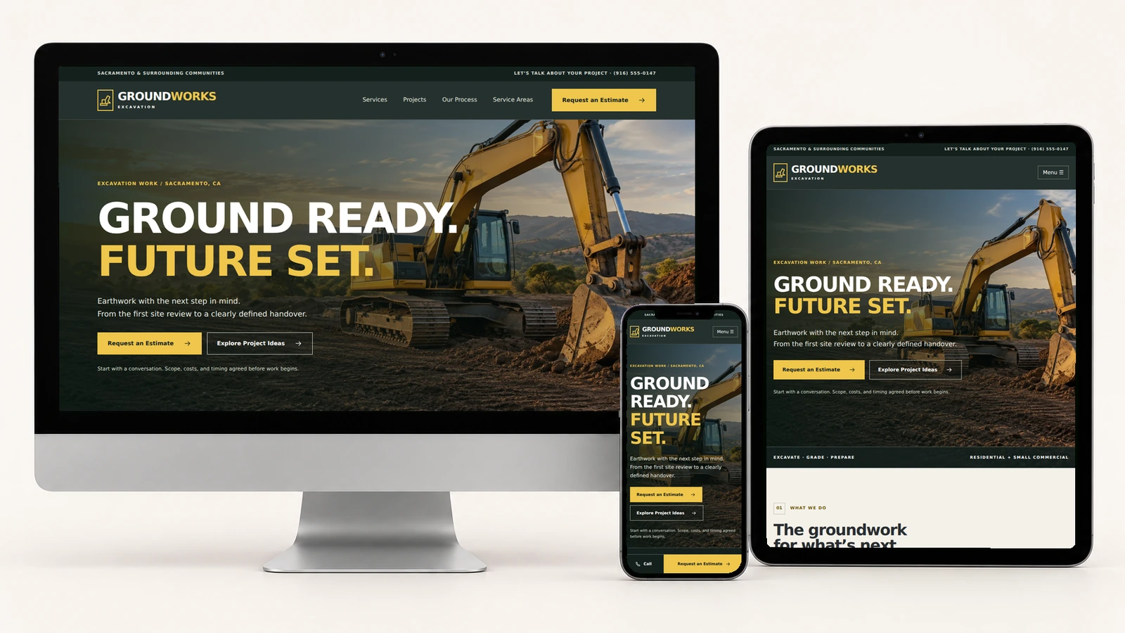 Actual GroundWorks Excavation screenshots displayed on a realistic desktop monitor, tablet, and smartphone