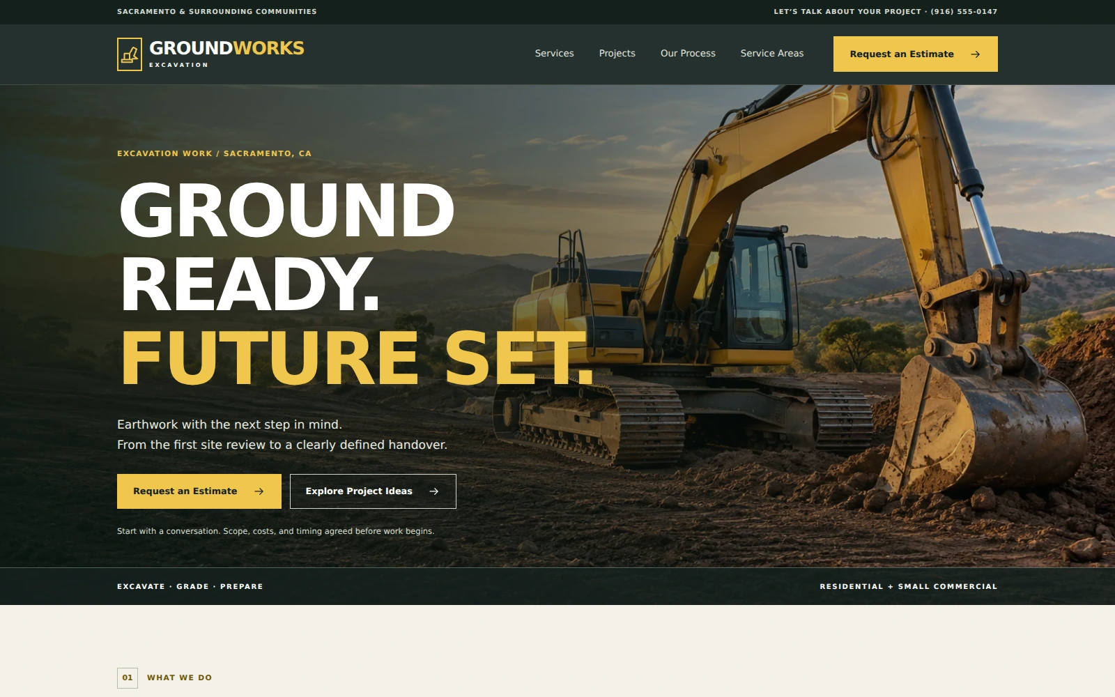 Actual GroundWorks Excavation landing page with dark-slate and equipment-yellow styling with excavation photography