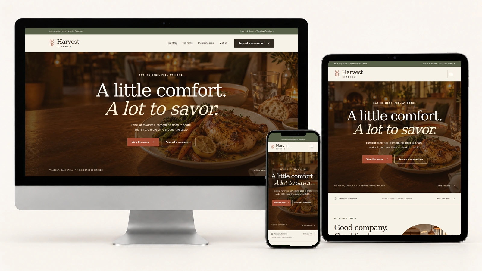 Actual Harvest Kitchen page displayed on a realistic desktop monitor, portrait tablet, and phone