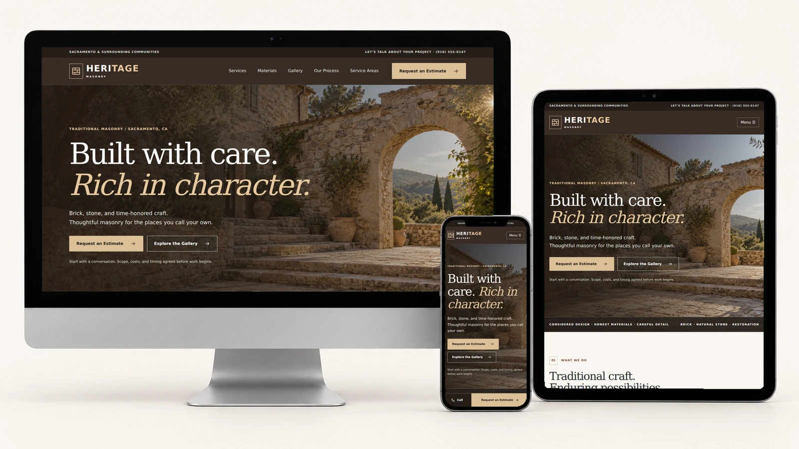 Actual Heritage Masonry screenshots displayed on a realistic desktop monitor, tablet, and smartphone