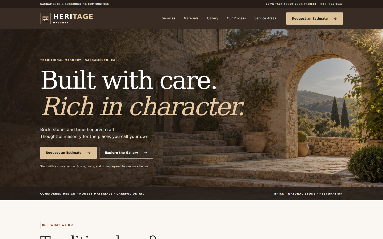 Actual Heritage Masonry landing page with warm stone tones and traditional masonry photography
