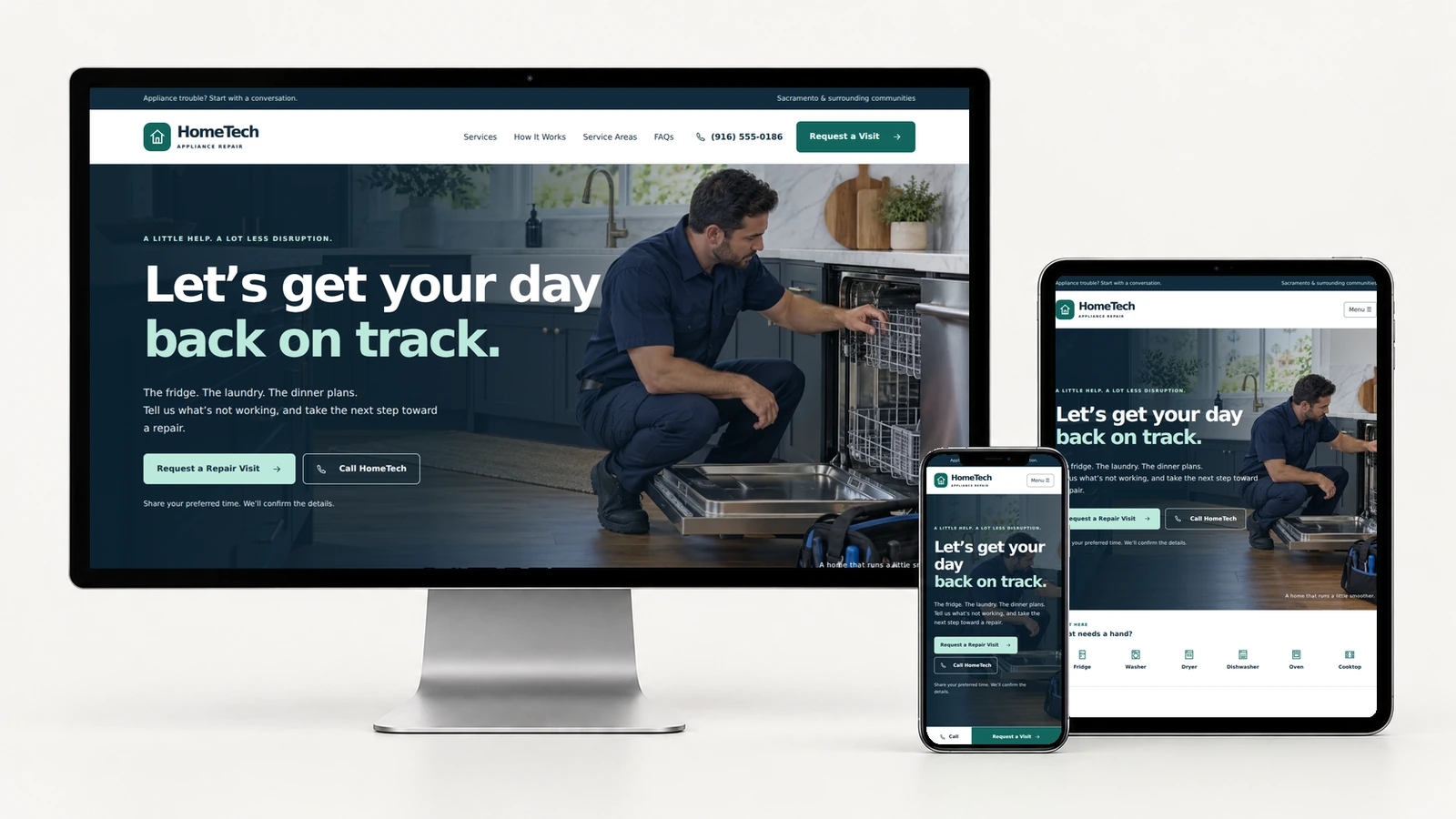 Actual HomeTech Repair page screenshots inside realistic desktop, tablet, and phone frames