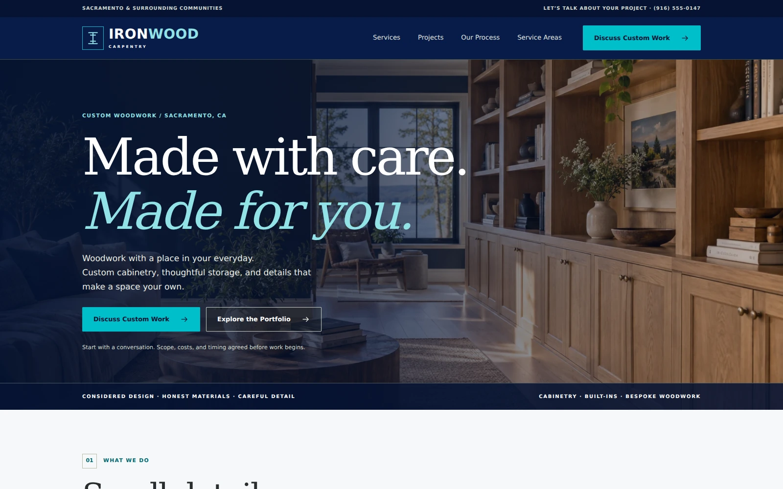 Actual Ironwood Carpentry landing page with navy and turquoise styling with custom woodwork photography
