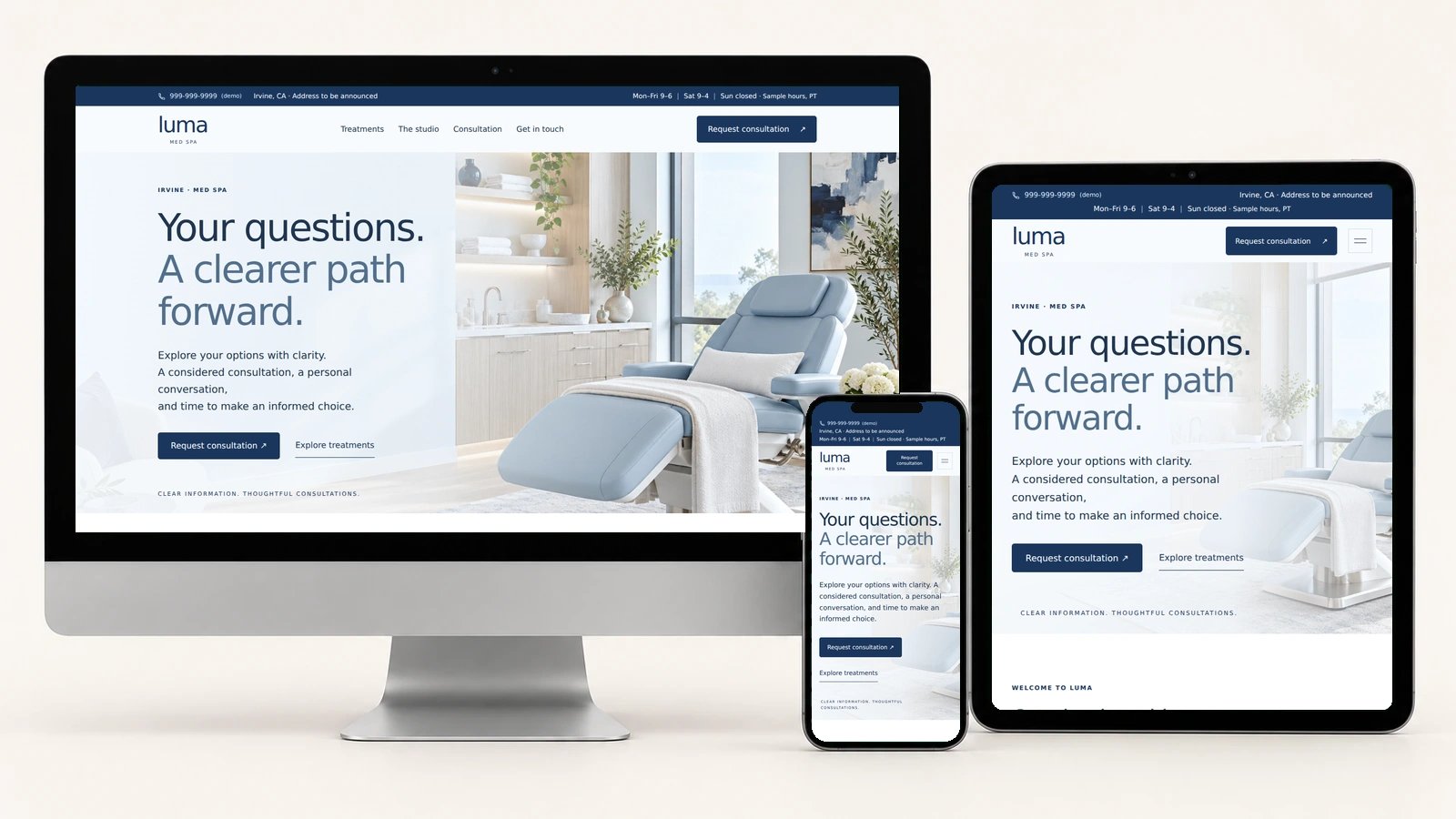 Luma Med Spa on a silver desktop, portrait tablet, and phone, with actual responsive page screenshots