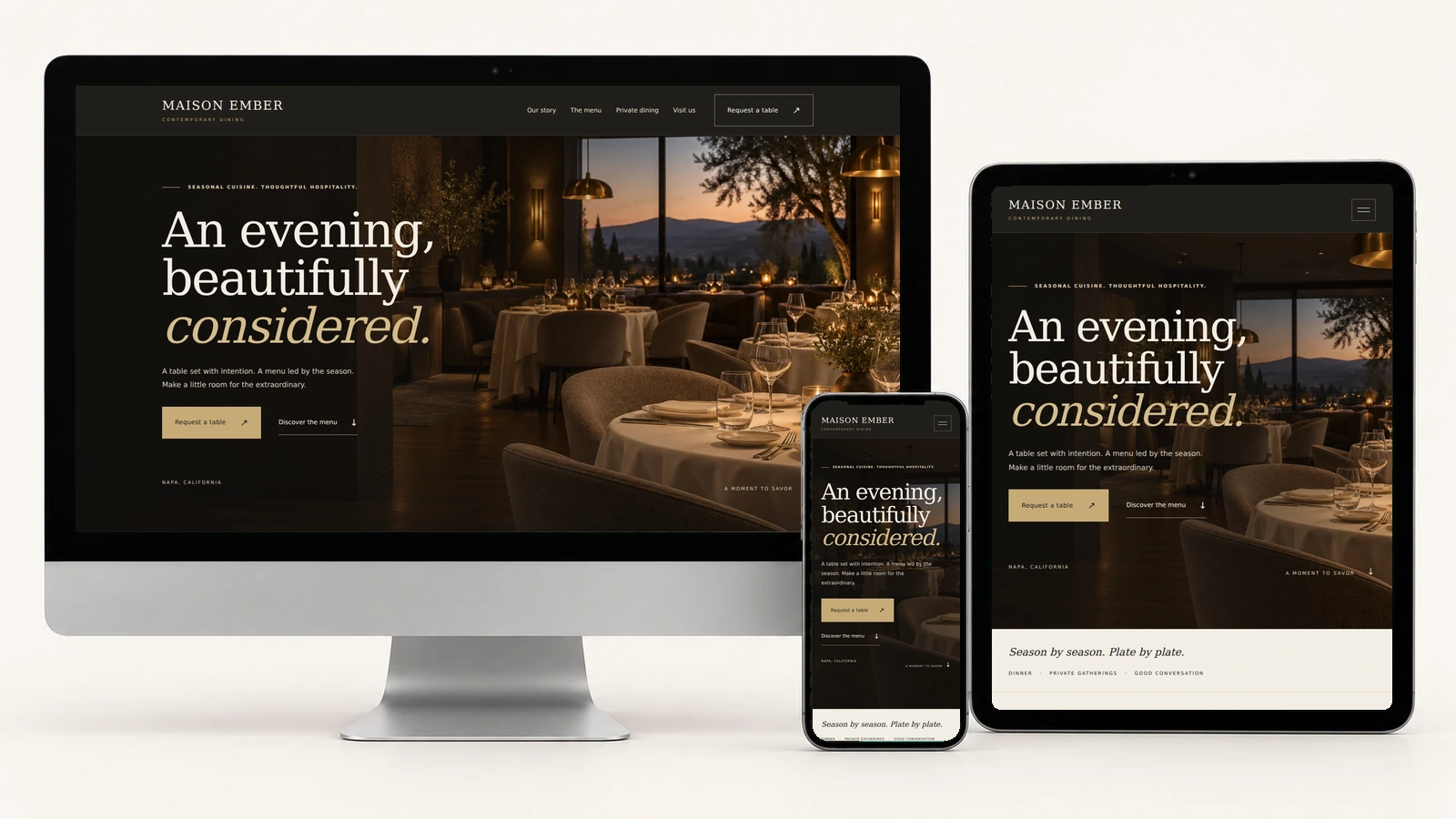 Maison Ember displayed on a realistic desktop monitor, portrait tablet, and phone using actual responsive screenshots