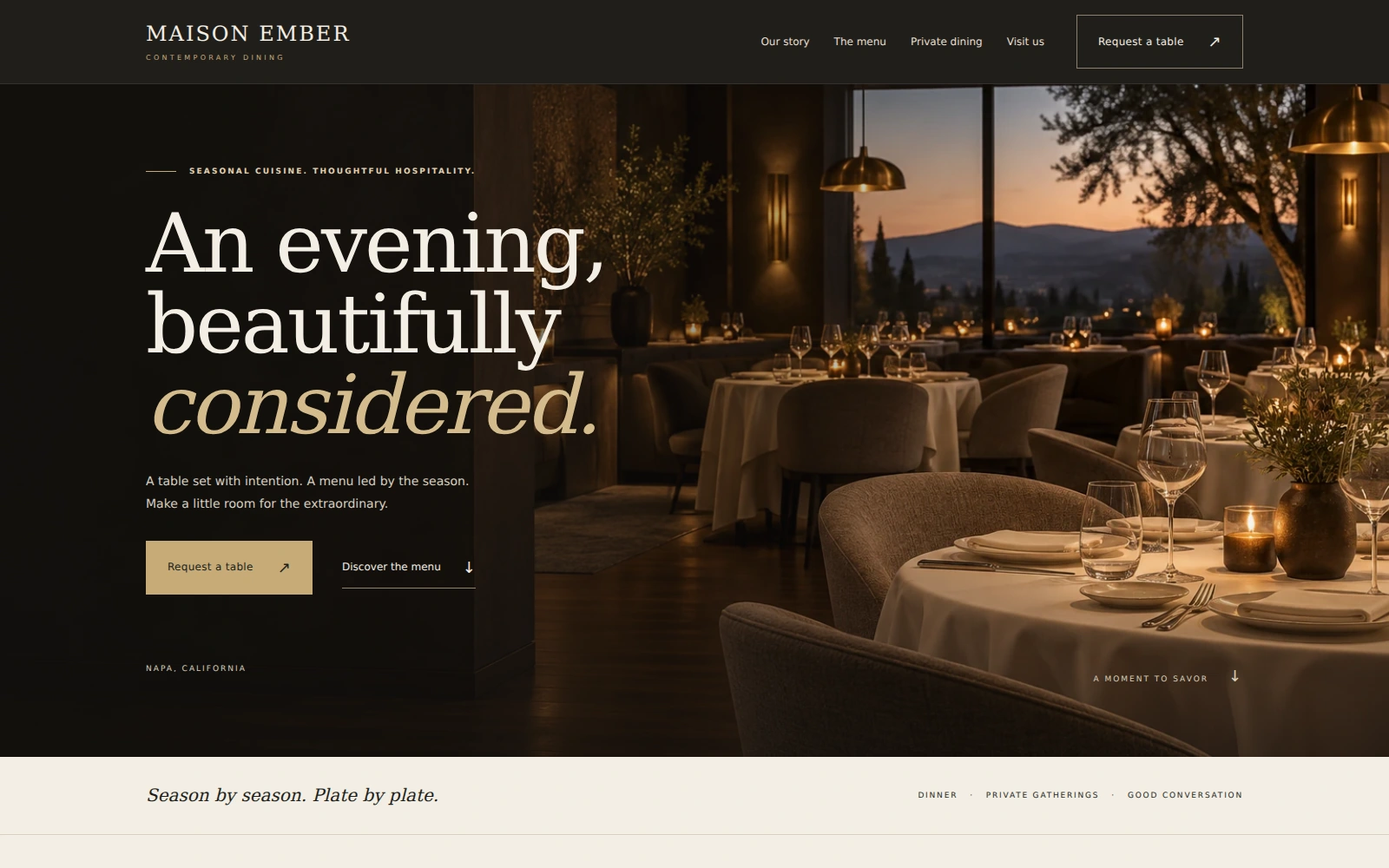 Maison Ember fine-dining landing page with a candlelit dining room, ivory serif typography and brass accents