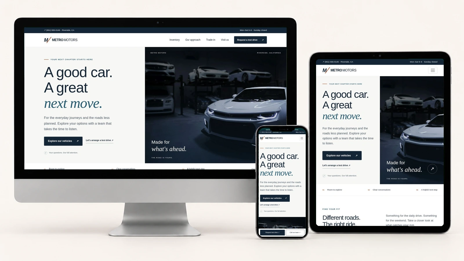 Metro Motors displayed on a desktop, portrait tablet, and smartphone with its actual responsive page layouts