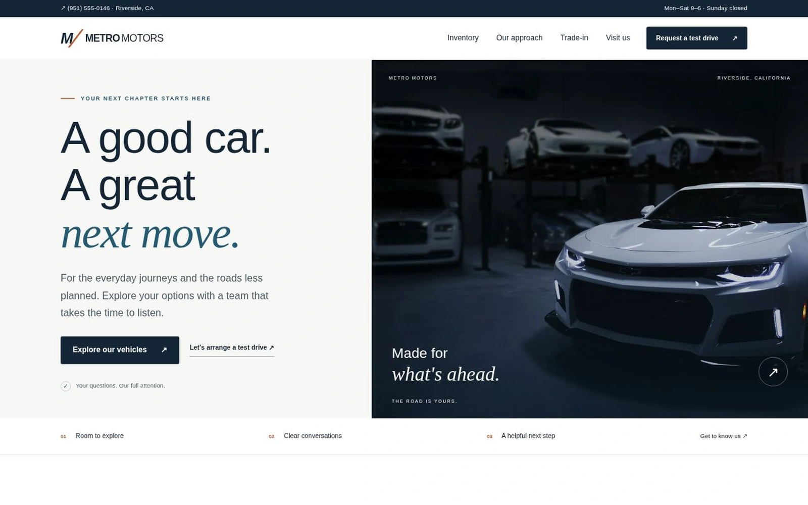 Metro Motors dealership landing page with a navy-and-white layout and vehicle-led introduction