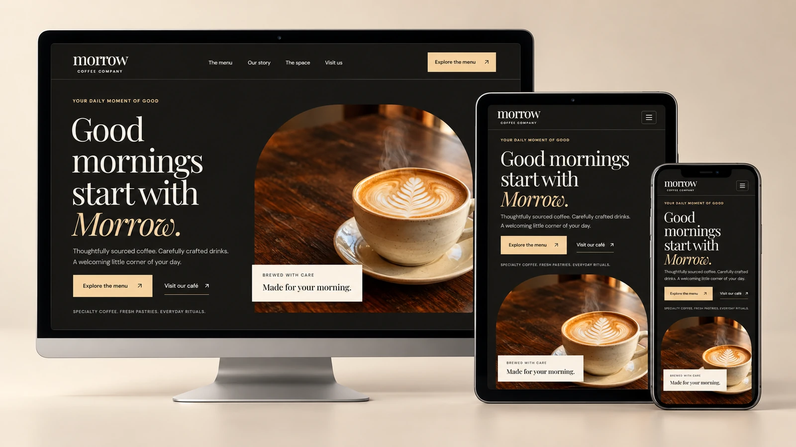 Morrow Coffee Co. responsive template shown on desktop, tablet, and mobile devices