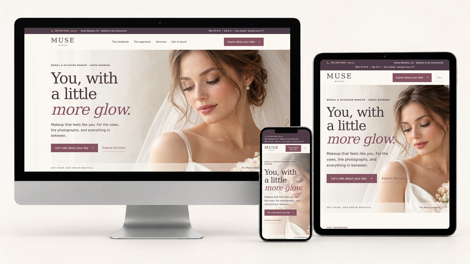 Muse Makeup on a silver desktop, portrait tablet, and phone, with actual responsive page screenshots