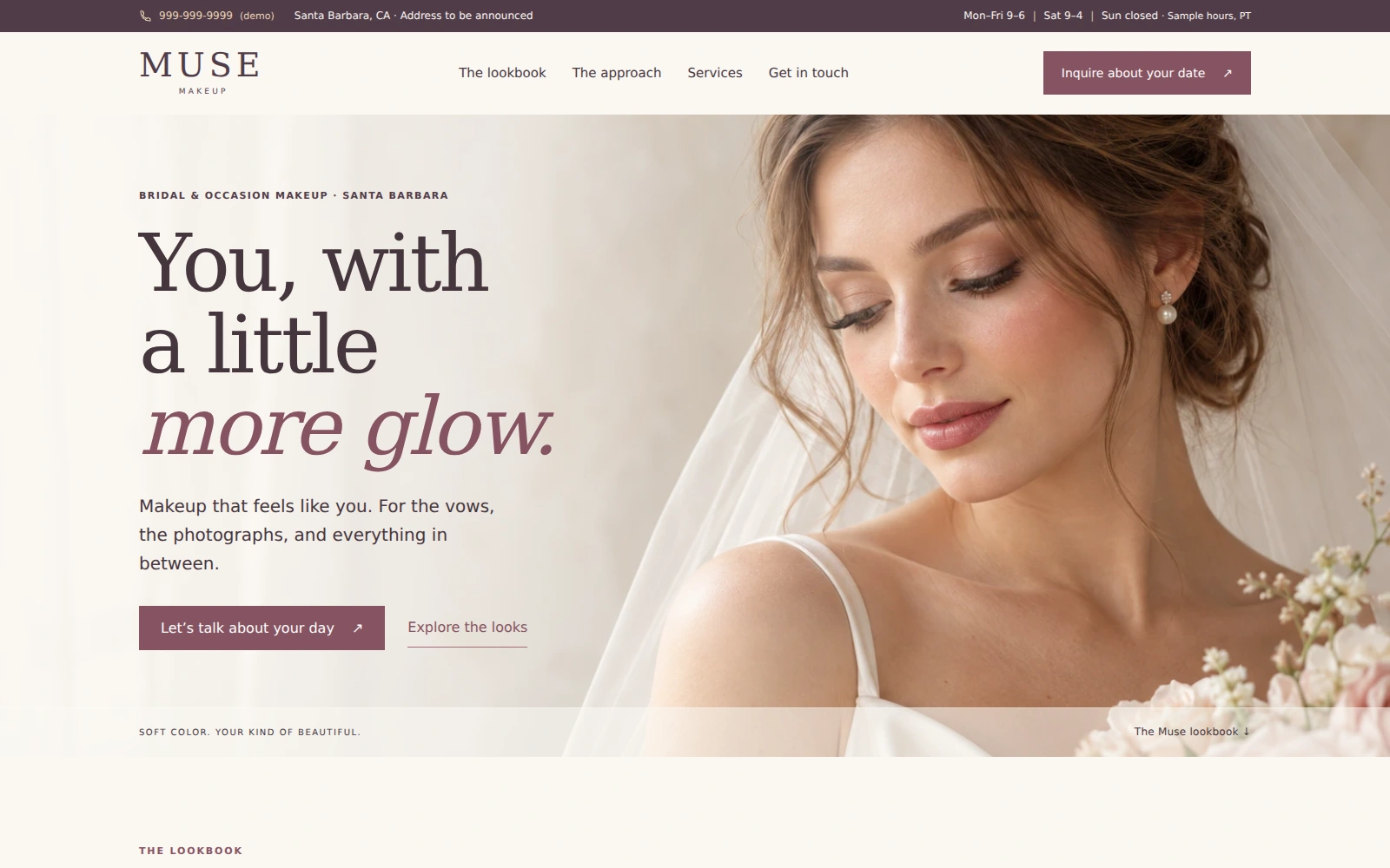 Muse Makeup bridal landing page with a romantic portrait, expressive typography, and an inquiry link
