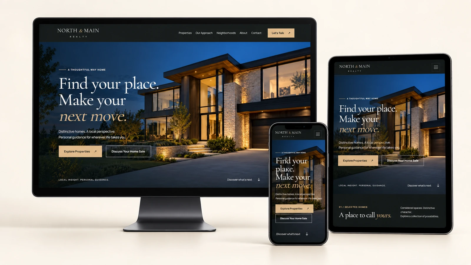North and Main Realty website shown on a desktop monitor, tablet, and smartphone
