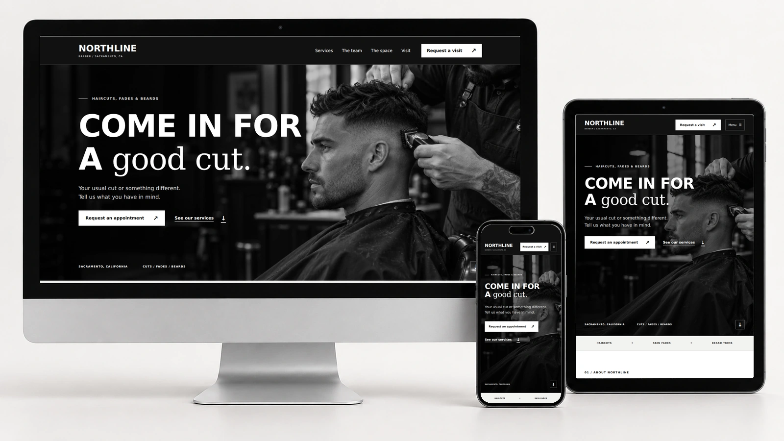 Northline Barber on a silver desktop, portrait tablet, and phone, with actual responsive page screenshots