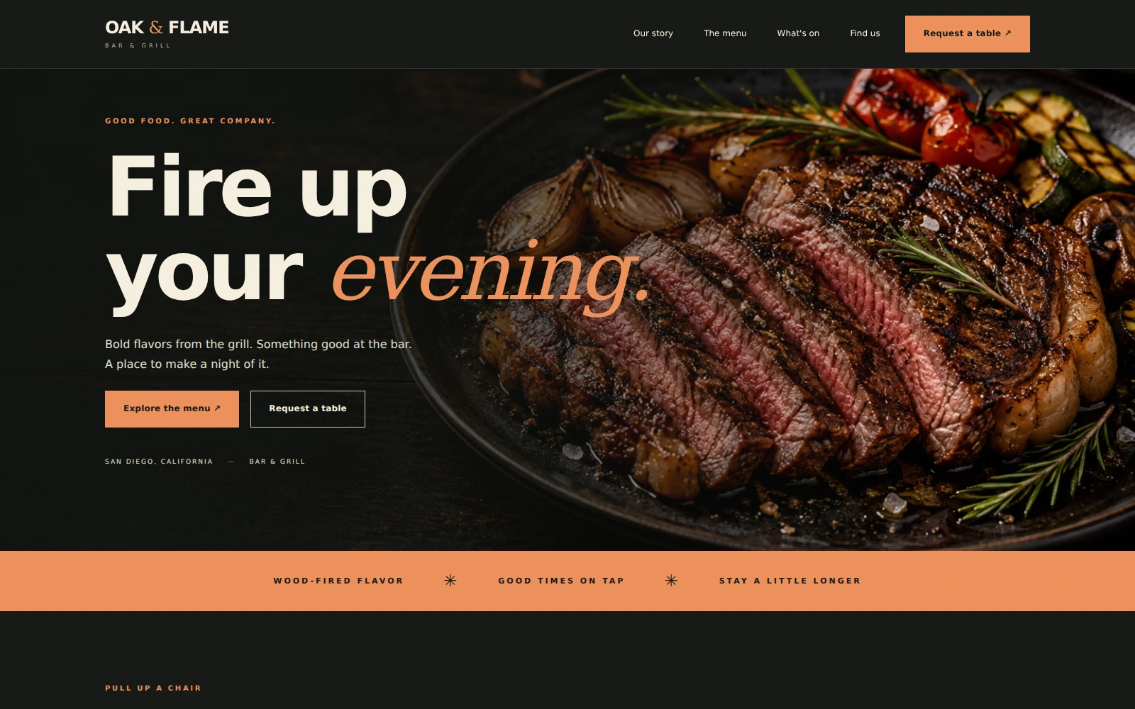 Oak & Flame bar-and-grill landing page with a steak hero, charcoal background, ivory typography and ember accents