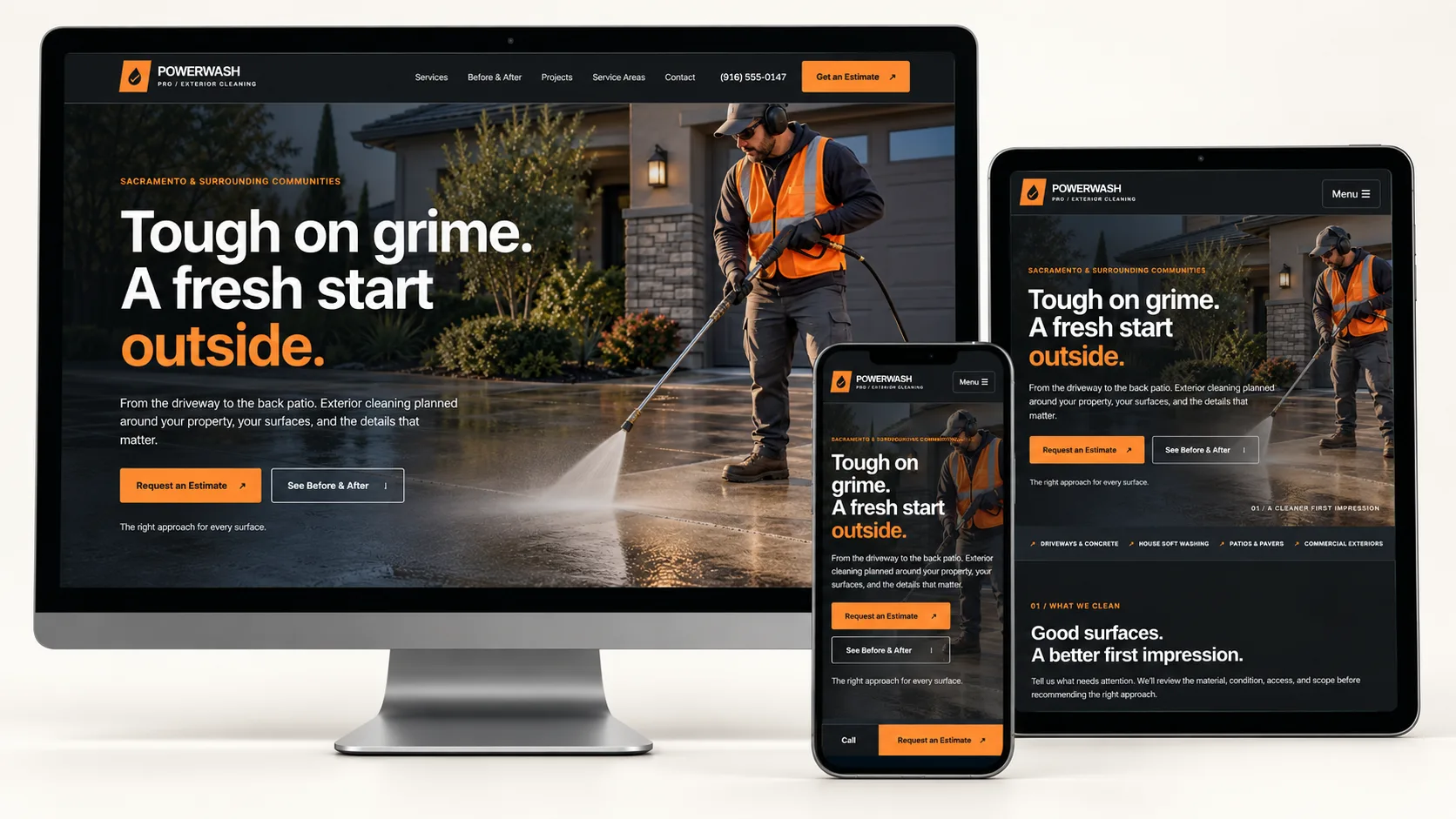 PowerWash Pro website shown on a realistic desktop monitor, tablet, and smartphone