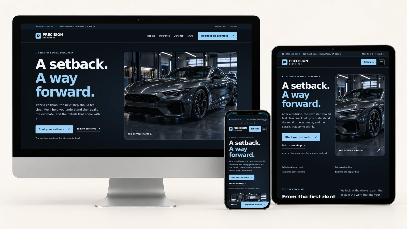 Precision Bodyworks displayed on a silver desktop, tablet, and phone