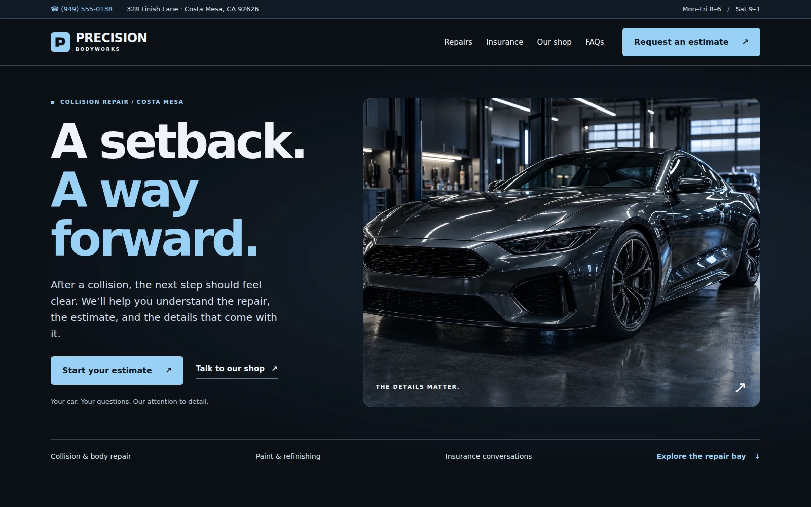 Precision Bodyworks dark landing page with coupe photography and ice-blue estimate buttons