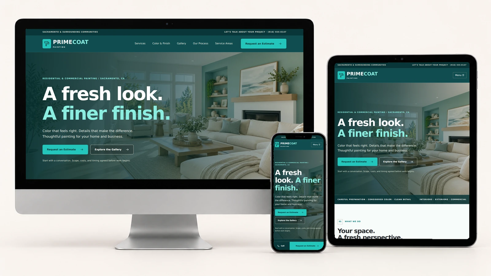 Actual PrimeCoat Contractors screenshots displayed on a realistic desktop monitor, tablet, and smartphone