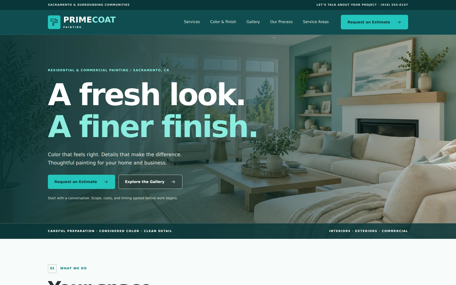 Actual PrimeCoat Contractors landing page with aqua styling and residential and commercial painting photography