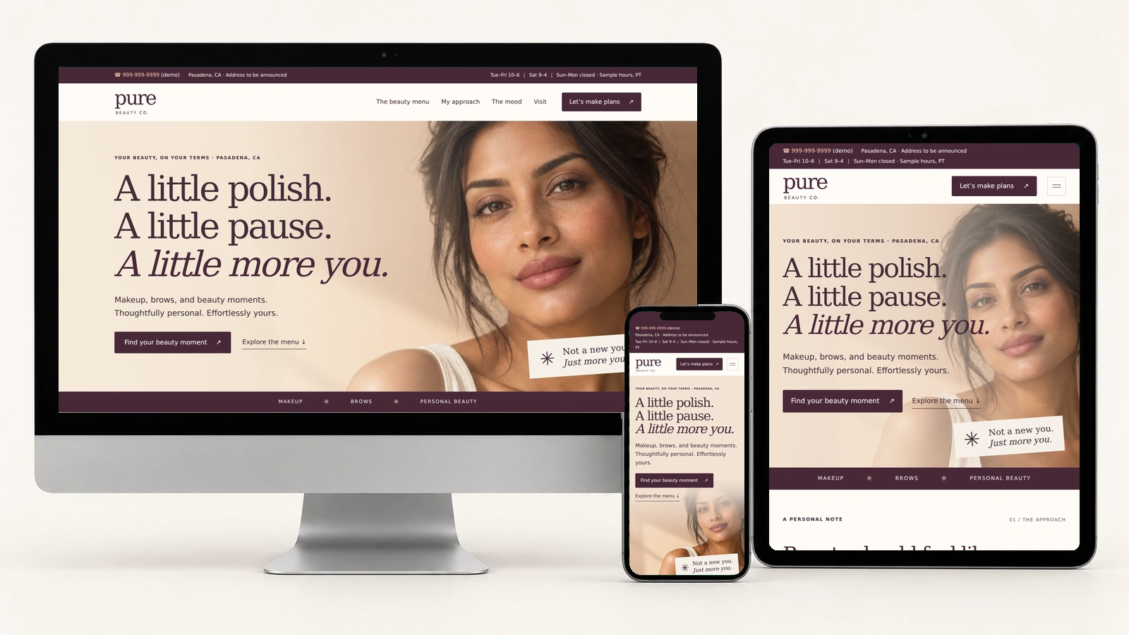 Pure Beauty Co. on a silver desktop, portrait tablet, and phone, with actual responsive page screenshots