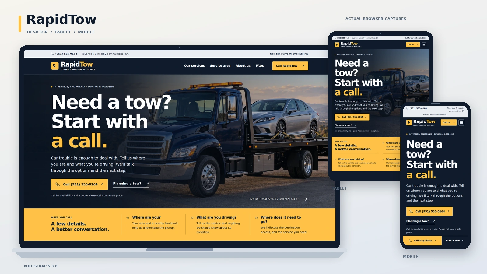 Actual RapidTow layouts shown on desktop, tablet, and phone