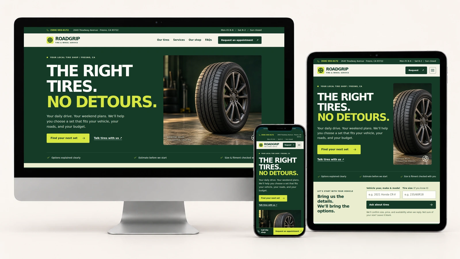 RoadGrip Tire displayed on a silver desktop, tablet, and phone