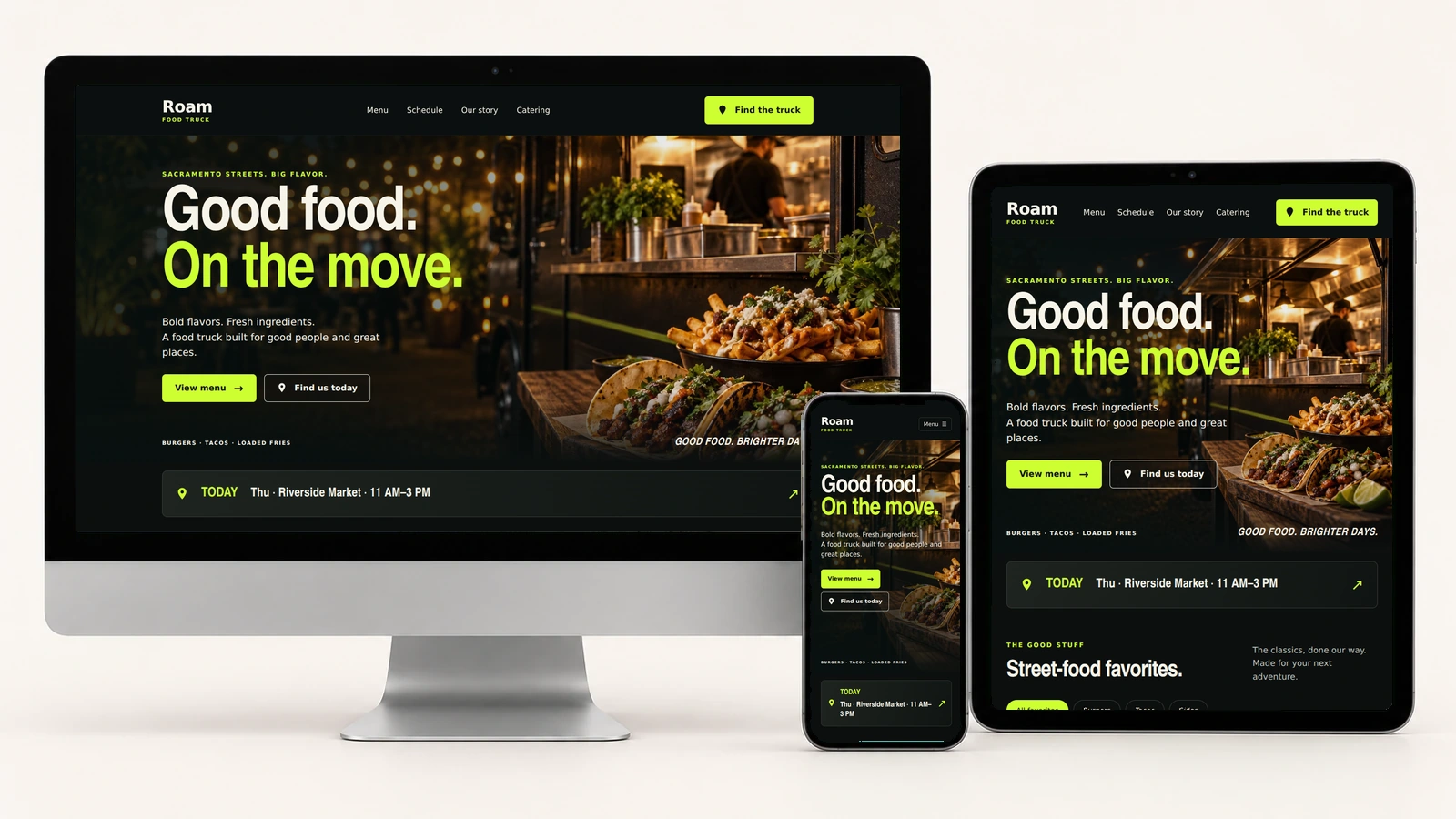 Roam Food Truck displayed on a realistic desktop monitor, portrait tablet, and phone using actual responsive screenshots