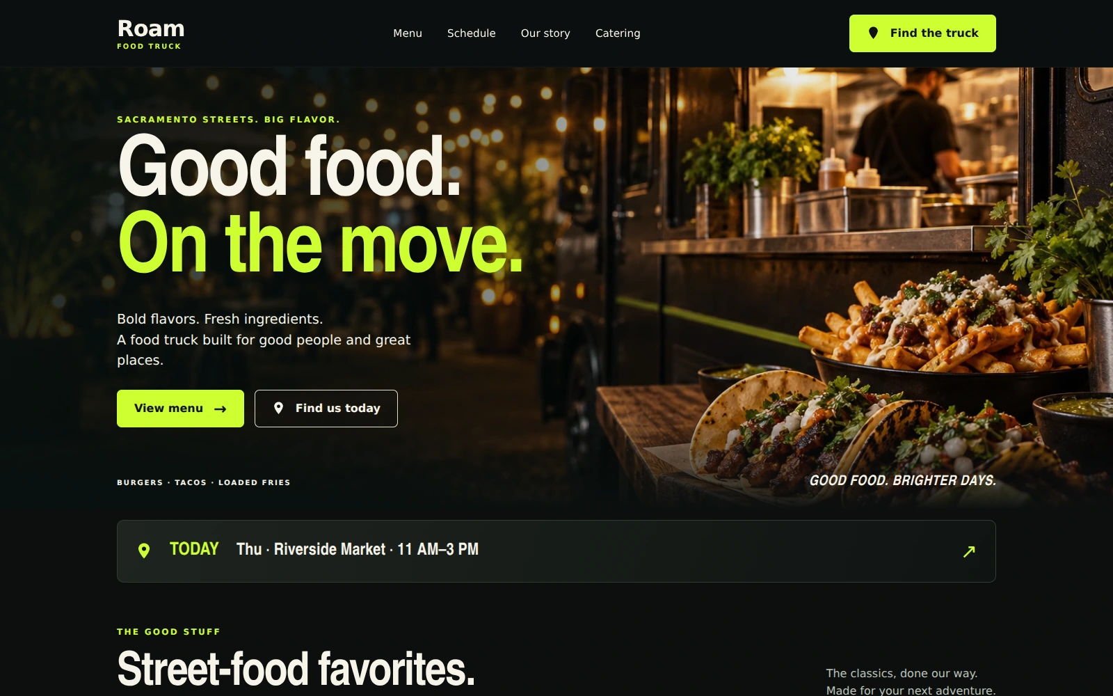 Roam Food Truck landing page with simple text branding, a dark night-market hero and bright lime menu buttons
