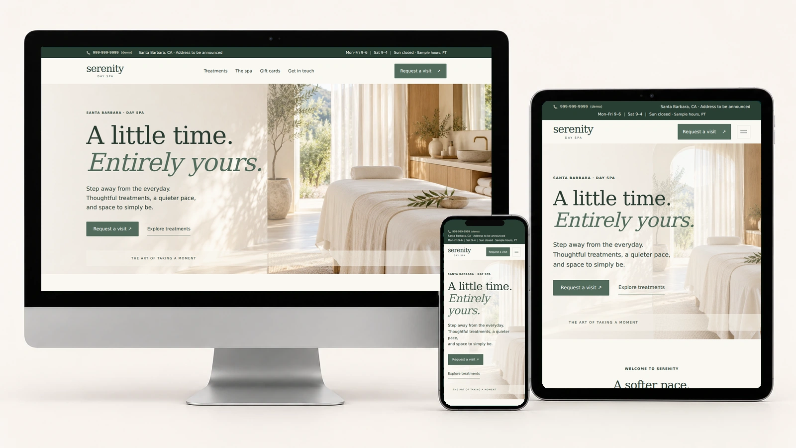 Serenity Day Spa on a silver desktop, portrait tablet, and phone, with actual responsive page screenshots