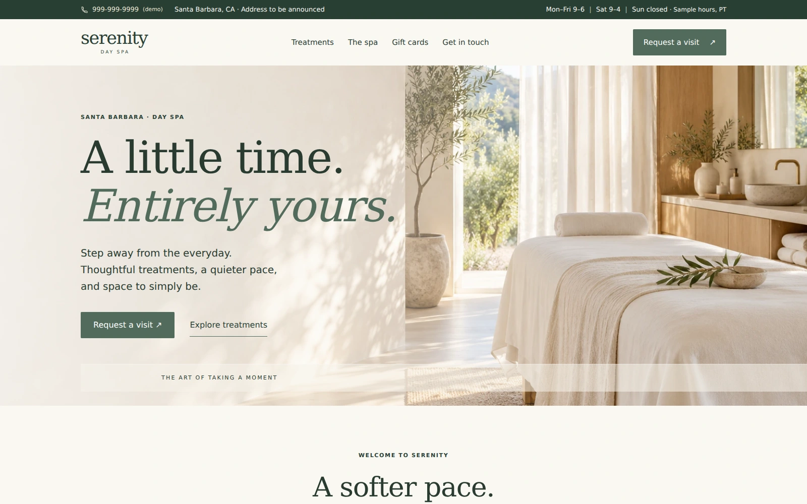 Serenity Day Spa landing page with a light spa-room photograph, treatment links, and a visit inquiry